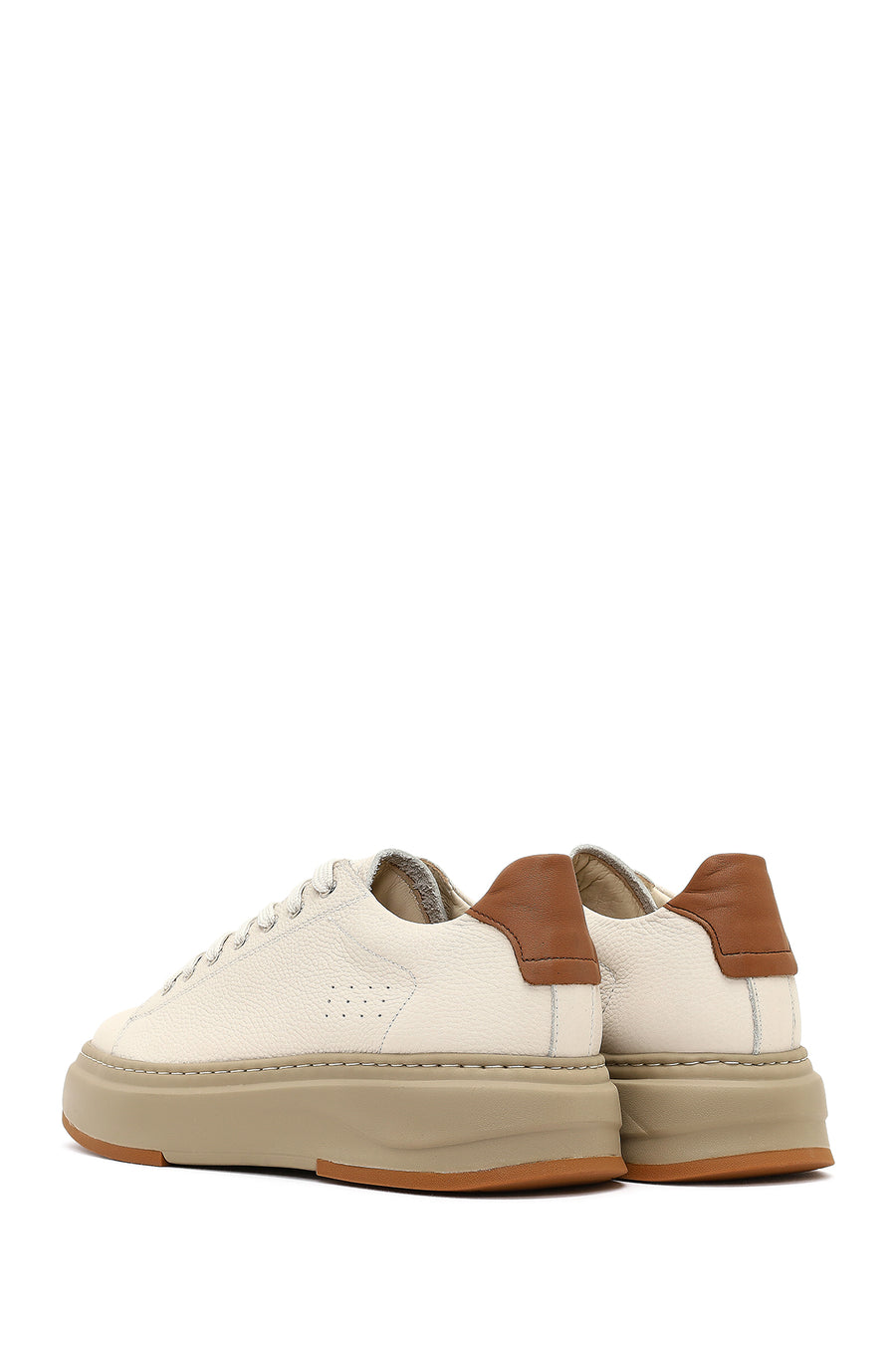 Men's White Lace-Up Thick-Soled Leather Sneaker