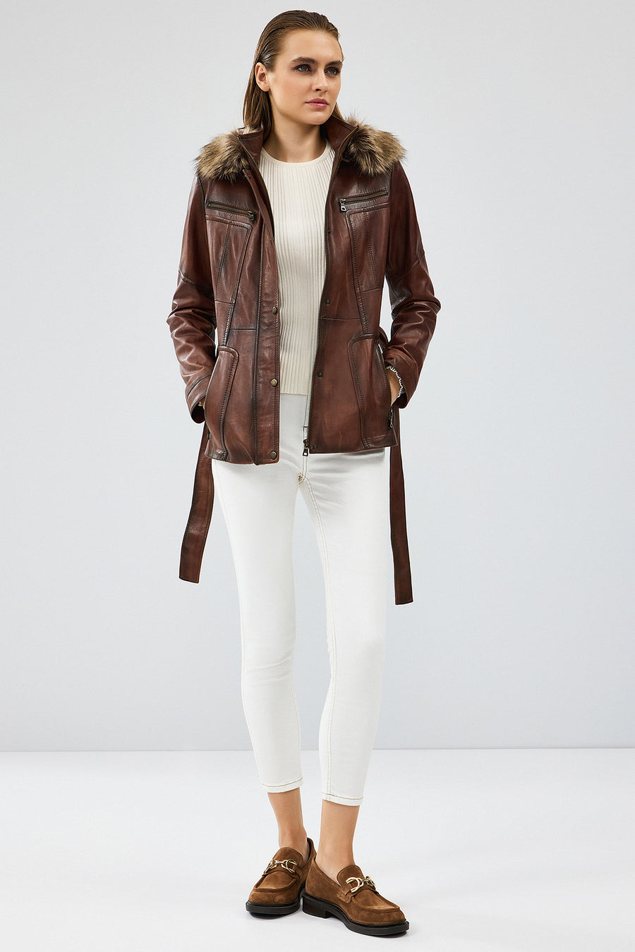 Rebecca Women's Brown Hooded Furry Leather Jacket