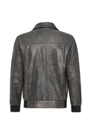 Hurricane Men's Grey Fur Collar Pilot Leather Jacket with Emblem | Derimod