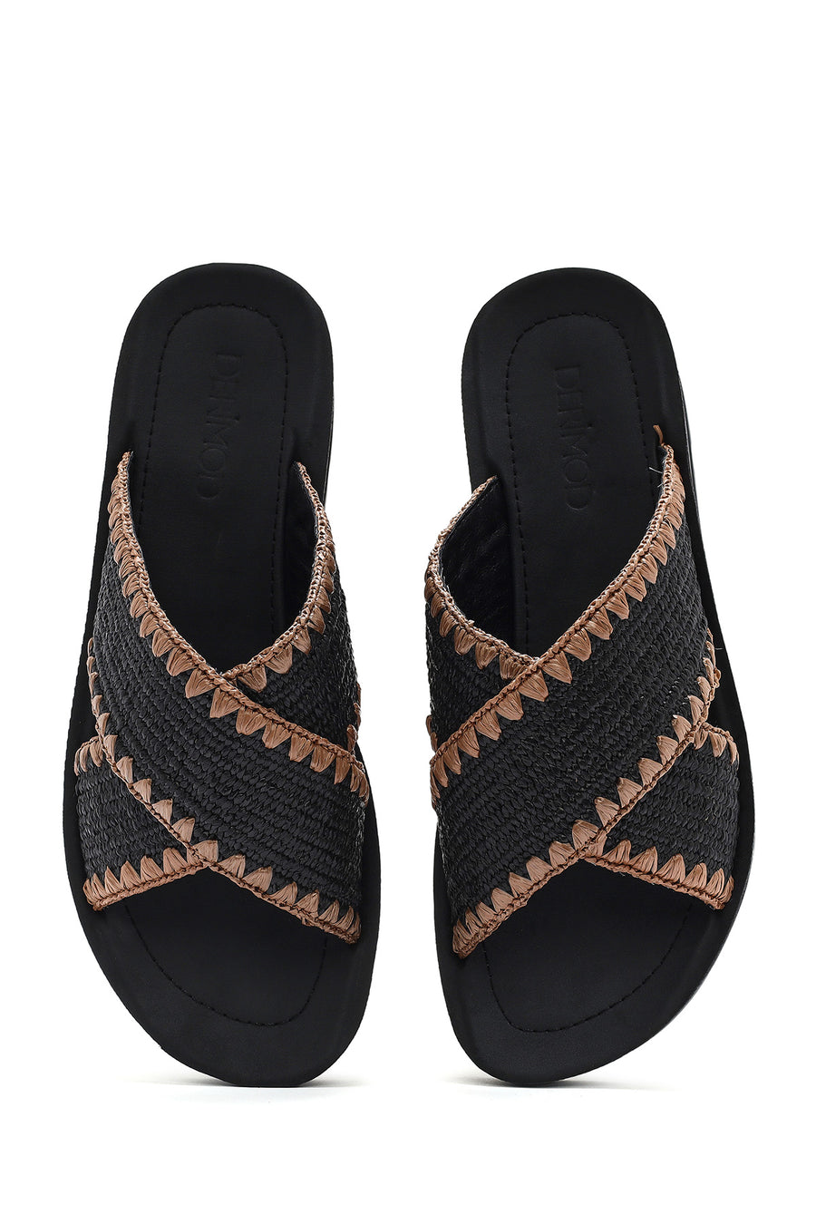 Women's Black Thick-Soled Straw Slippers