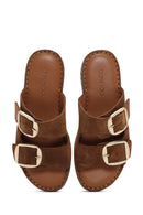 Women's Brown Buckle Suede Leather Slippers | Derimod