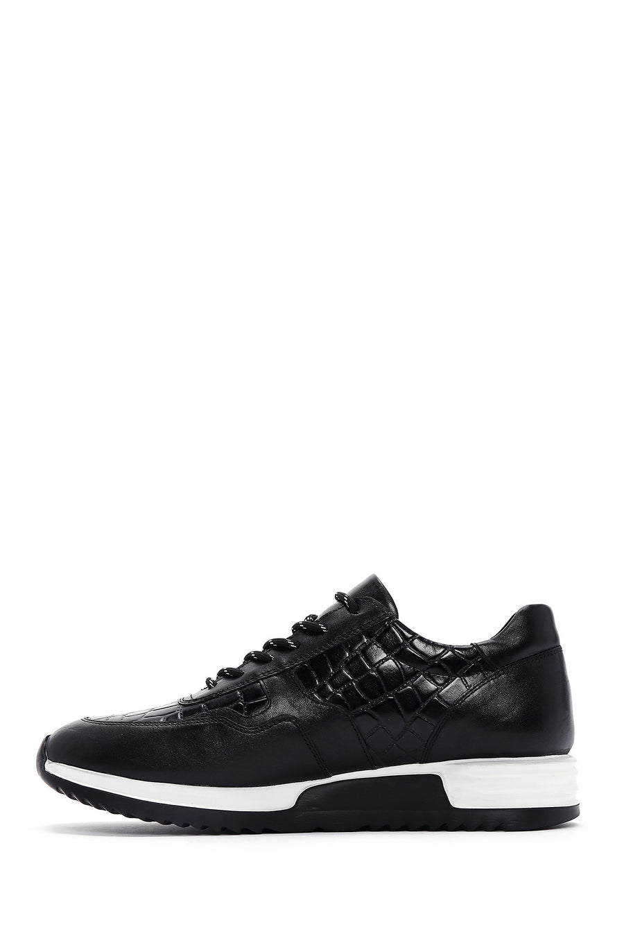 Erkek Siyah Bağcıklı Deri Casual Sneaker