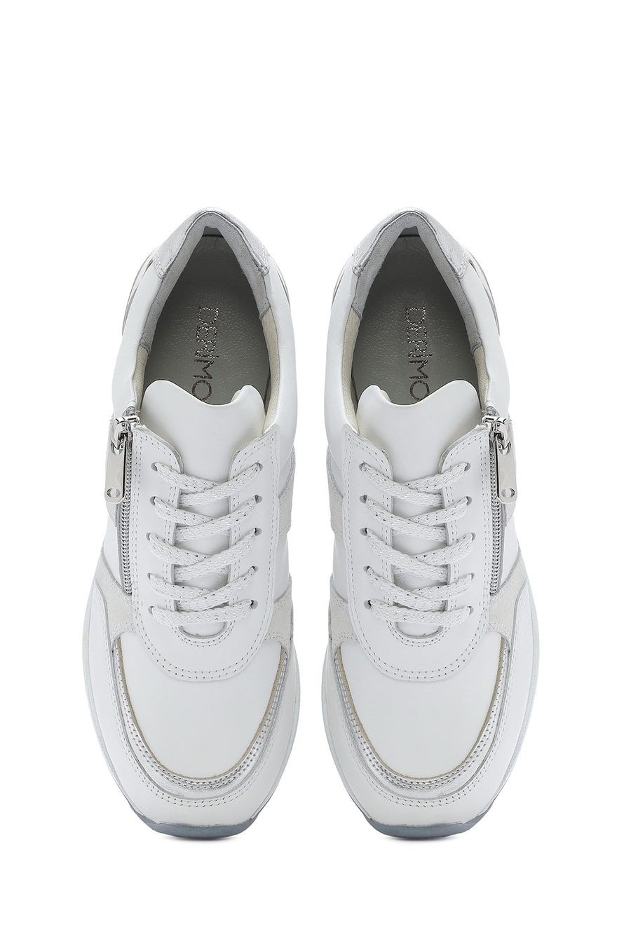 Women's White Wedge Heel Side Zip Leather Sneakers