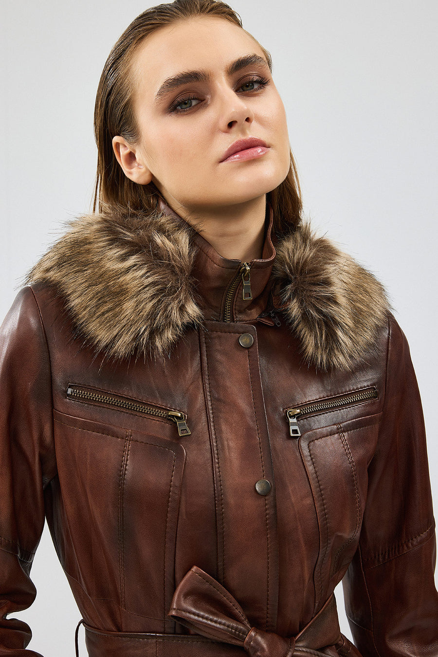 Rebecca Women's Brown Hooded Furry Leather Jacket