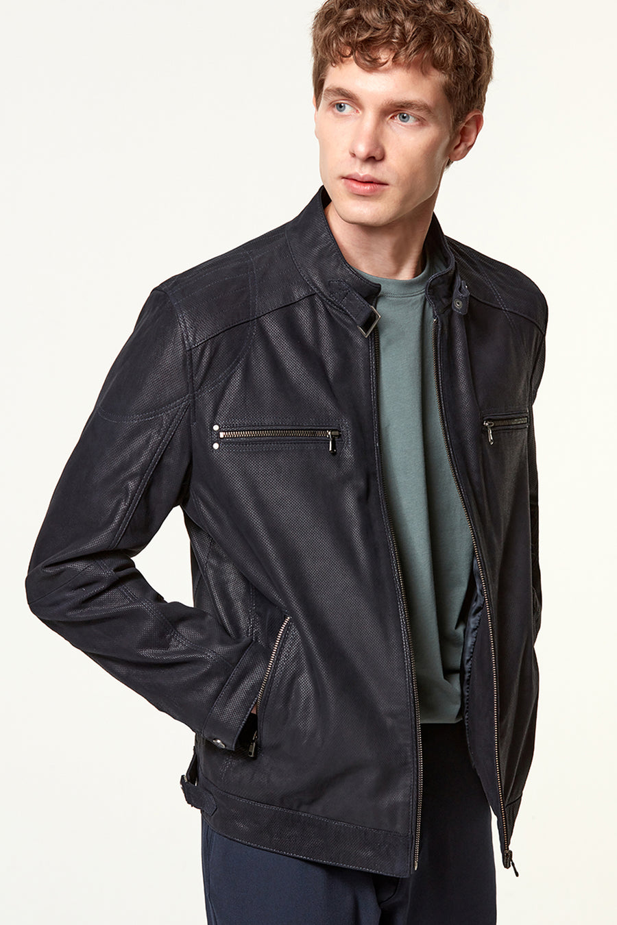 Maxim Men's Navy Blue Suede Printed Leather Jacket