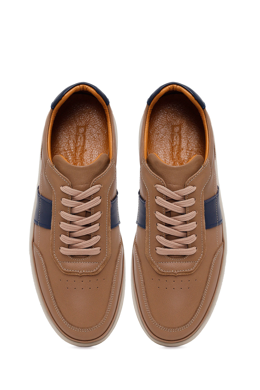 Erkek Bej Bağcıklı Deri Casual Sneaker