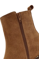 Women's Brown Zippered Thick Heel Suede Leather Boots | Derimod