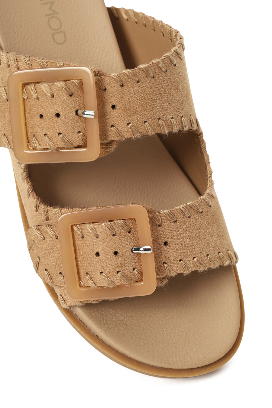 Woman Beige Double-Buckle Suede Slipper