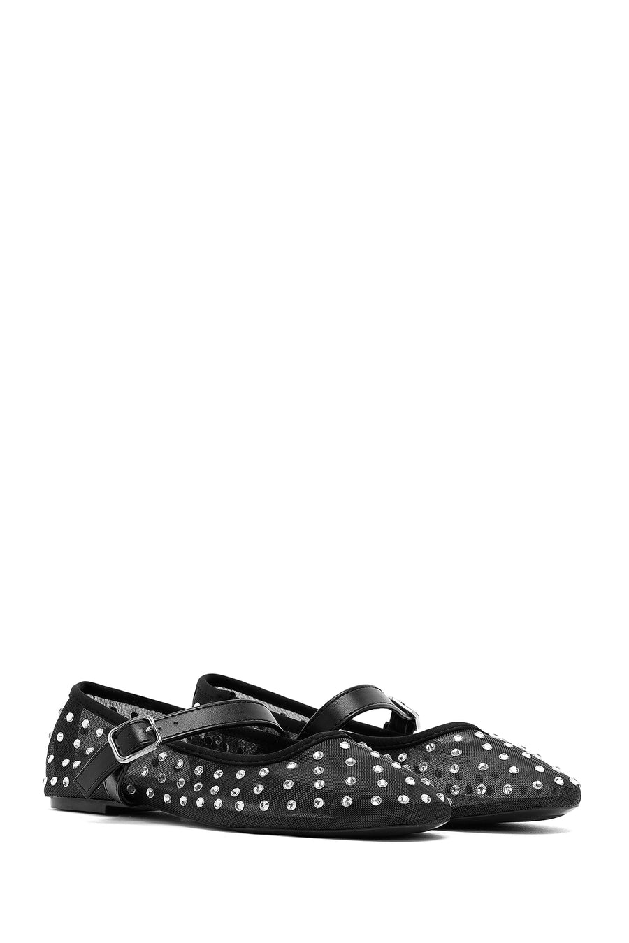 Women's Black Buckled Stone Fabric Ballerinas