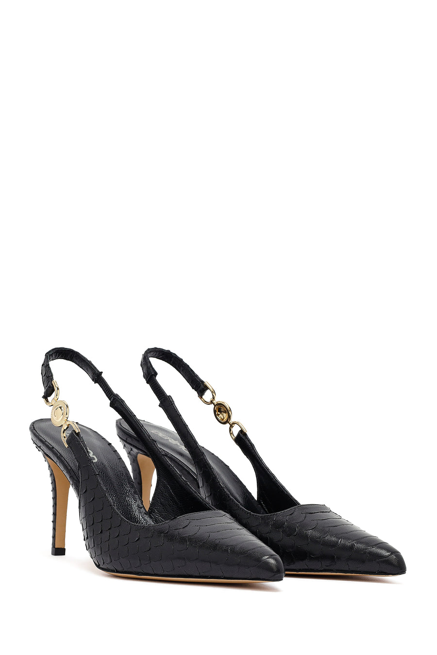 Woman Black Buckled Open Back Patterned Thin Heel Leather Shoe