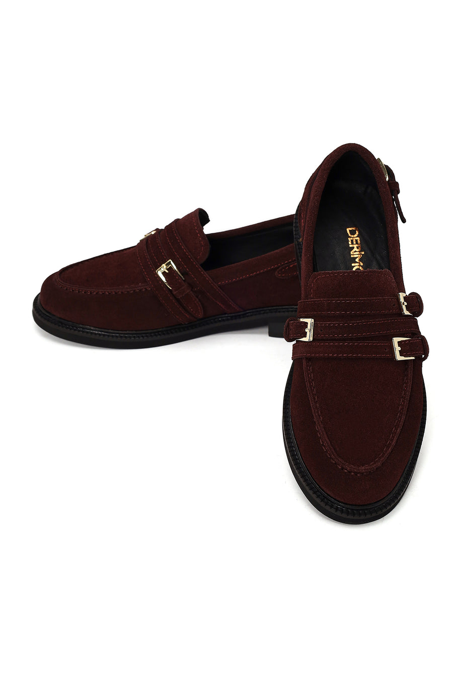 Kadın Bordo Tokalı Süet Deri Maskülen Loafer