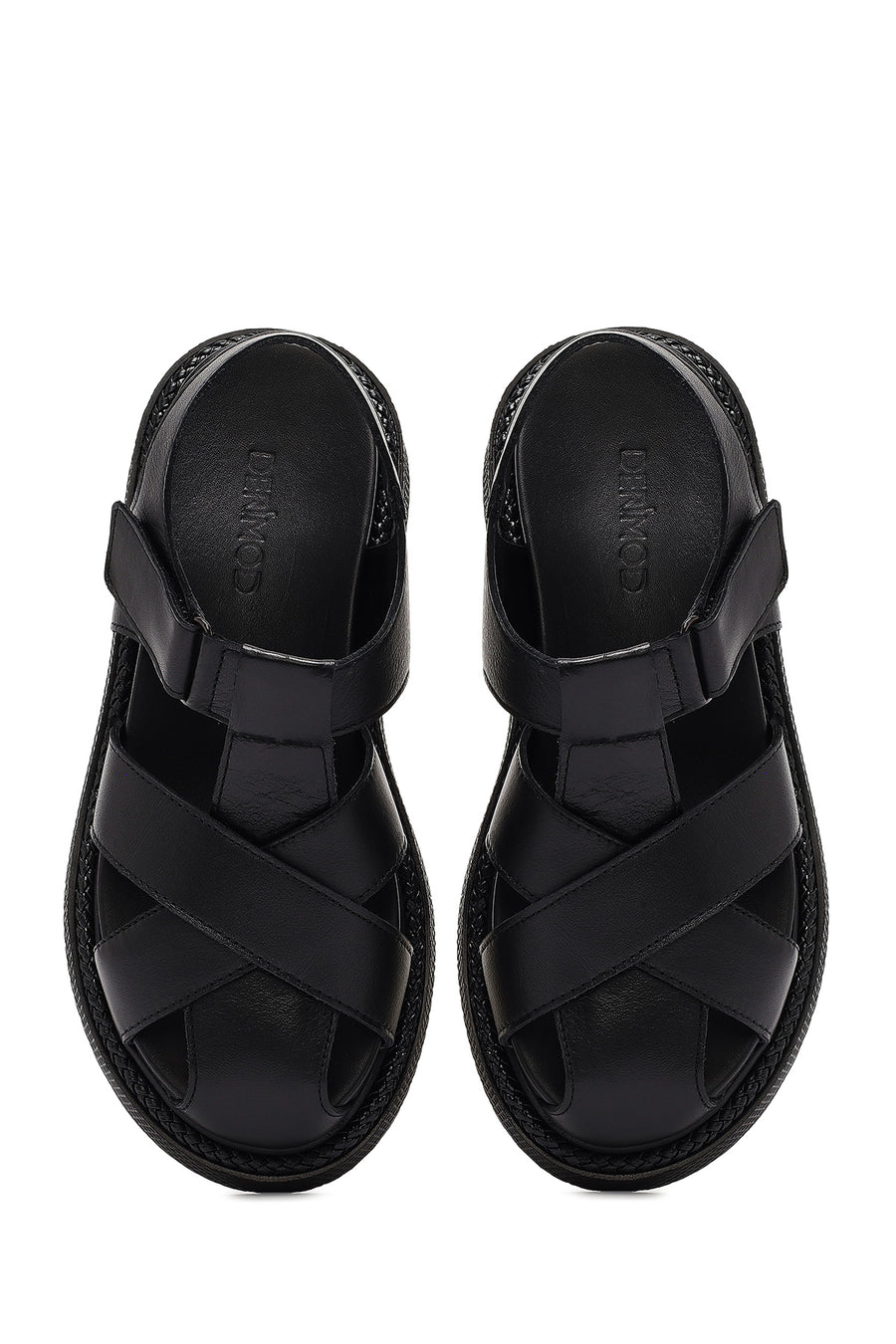 Women's Black Strappy Thick-Sole Leather Sandals