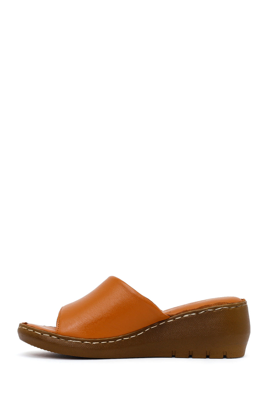 Woman Tan Wedge Heel Leather Comfort Slipper