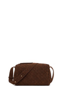 Woman Brown Long-Strap Woven Suede Crossbody Bag | Derimod
