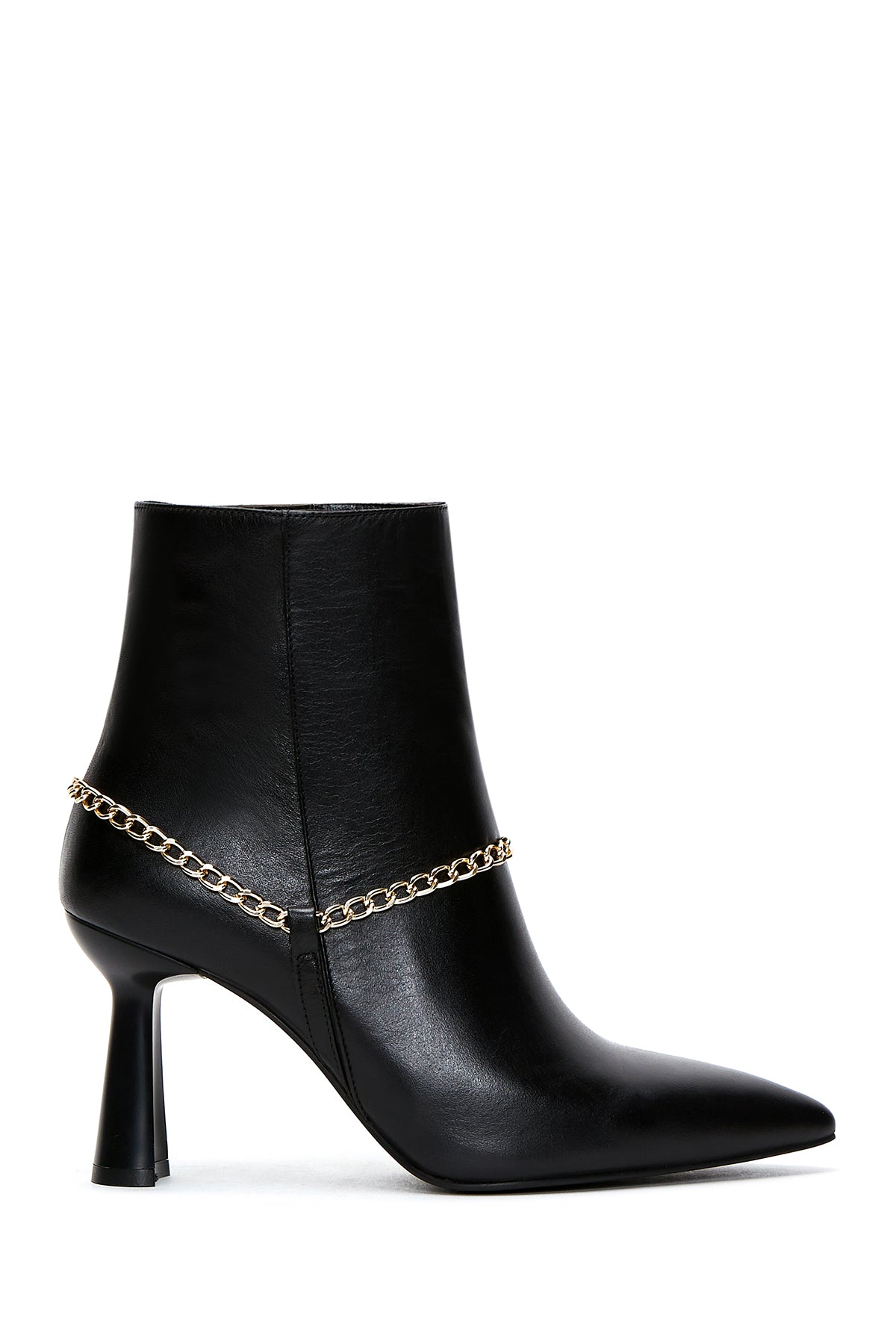 Women's Black Leather Zippered Chain Heeled Classic Boots 23WFD131818 | Derimod