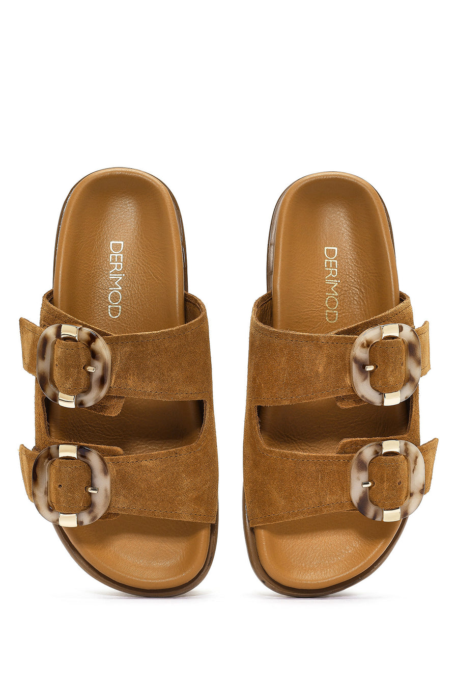 Women's Tan Double Buckle Suede Leather Slippers