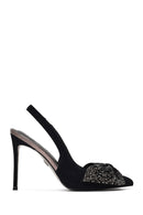 Women's Black Back Open Jeweled Thin High Heel Suede Leather Shoe | Derimod