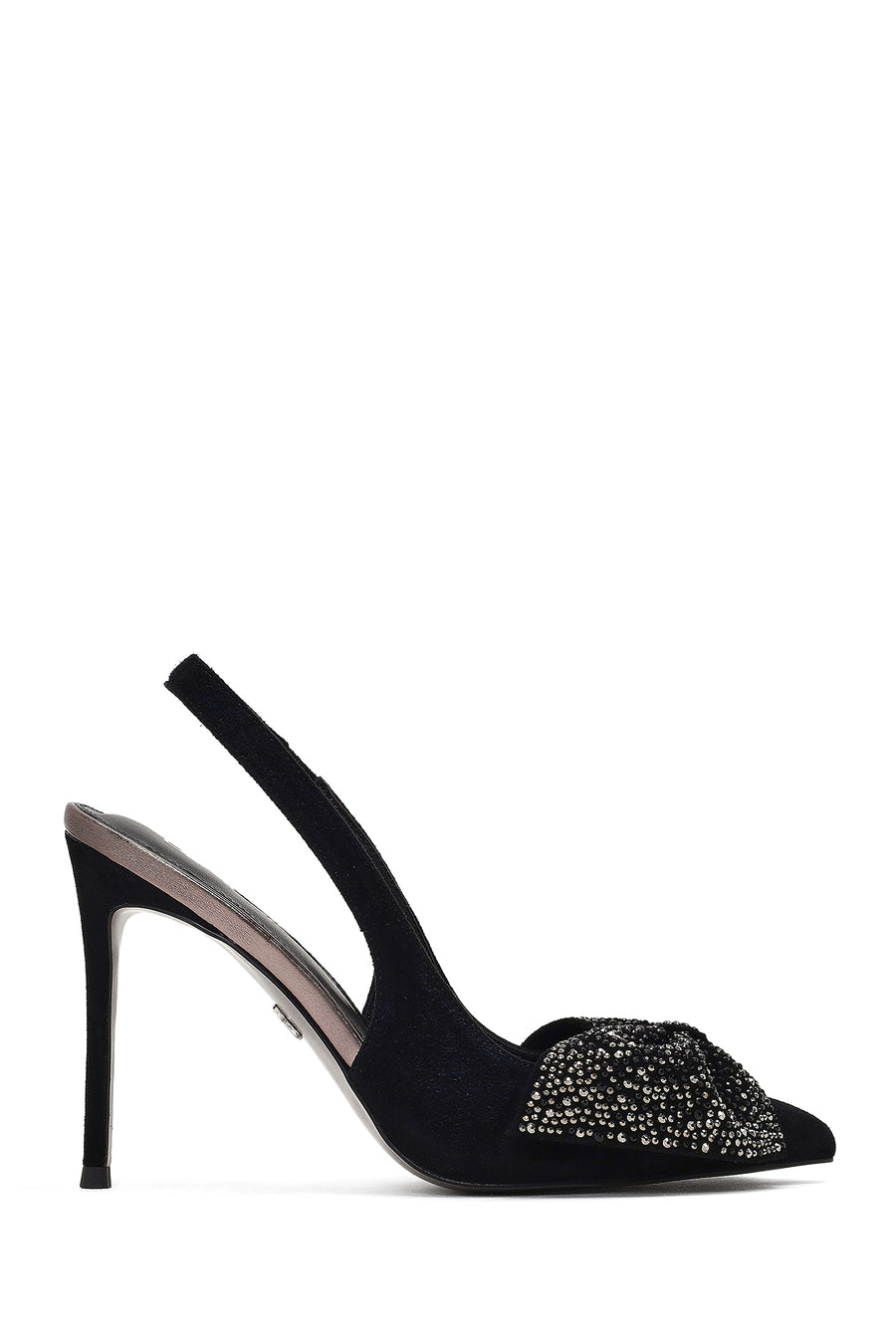 Women's Black Back Open Jeweled Thin High Heel Suede Leather Shoe