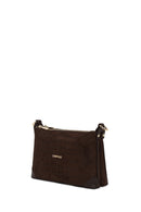 Woman Brown Printed Long-Strap Suede Shoulder Bag | Derimod