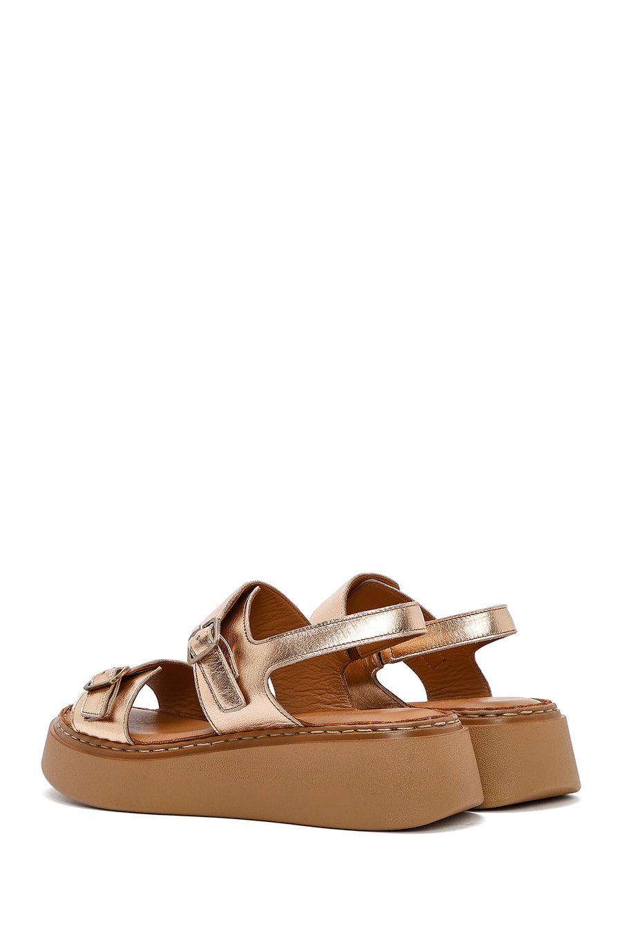 Women's Bronze Buckled Thick Soled Metallic Leather Comfort Sandals