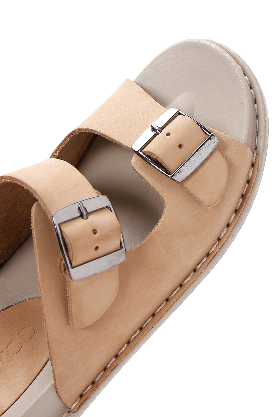 Women's Beige Double Buckled Nubuck Leather Comfort Slippers
