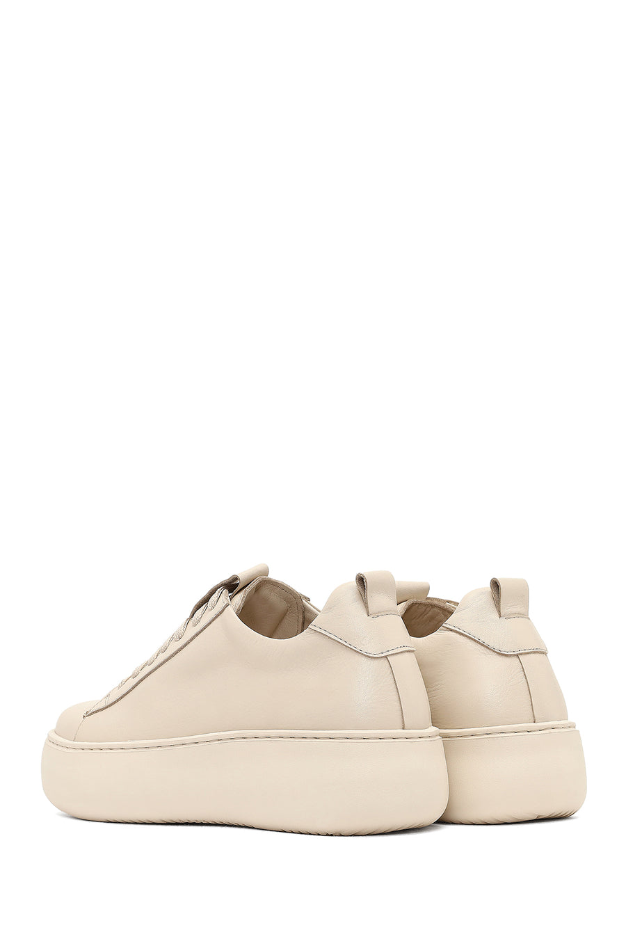 Women's Beige Lace-Up Thick-Soled Leather Sneaker