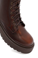 Women's Brown Lace-Up Zipper Thick-Soled Leather Combat Boots | Derimod