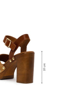 Woman Tan Ankle-Buckle Platform High Thick-Heeled Suede Sandal | Derimod