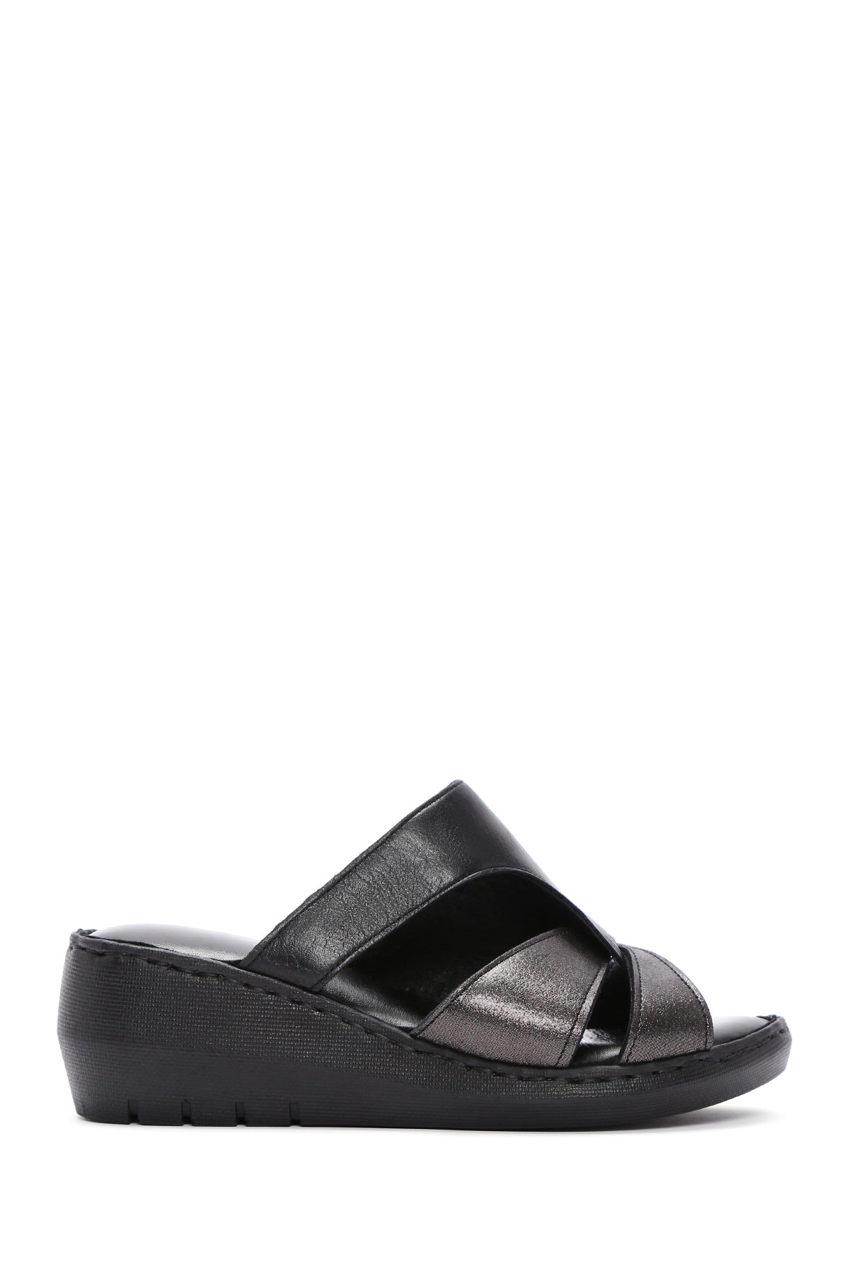 Women's Black Wedge Heeled Leather Comfort Slippers 25SFD320218 | Derimod