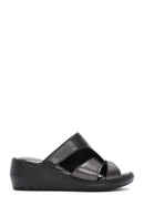 Women's Black Wedge Heeled Leather Comfort Slippers | Derimod