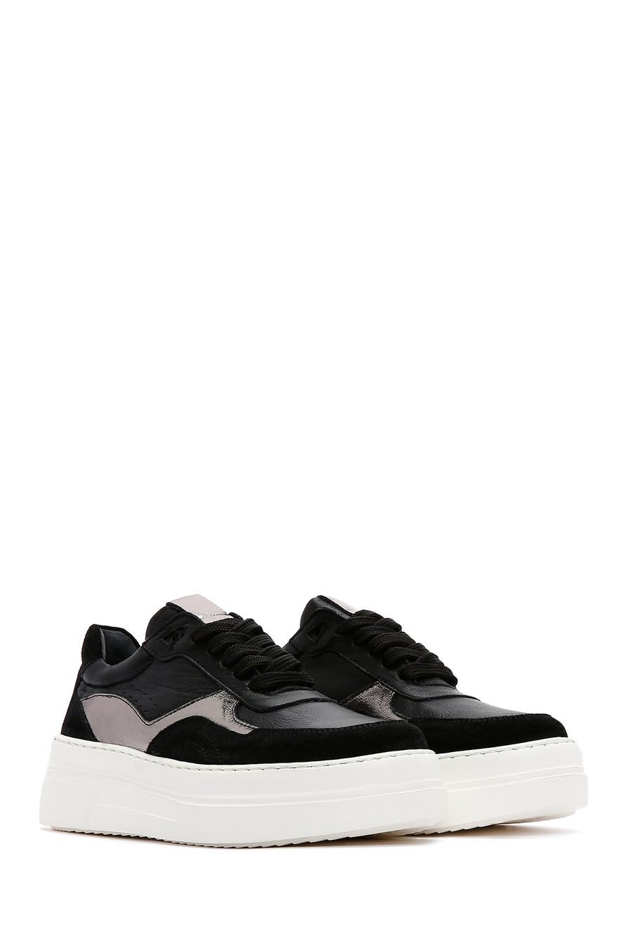 Women's Black Leather Thick Soled Sneaker