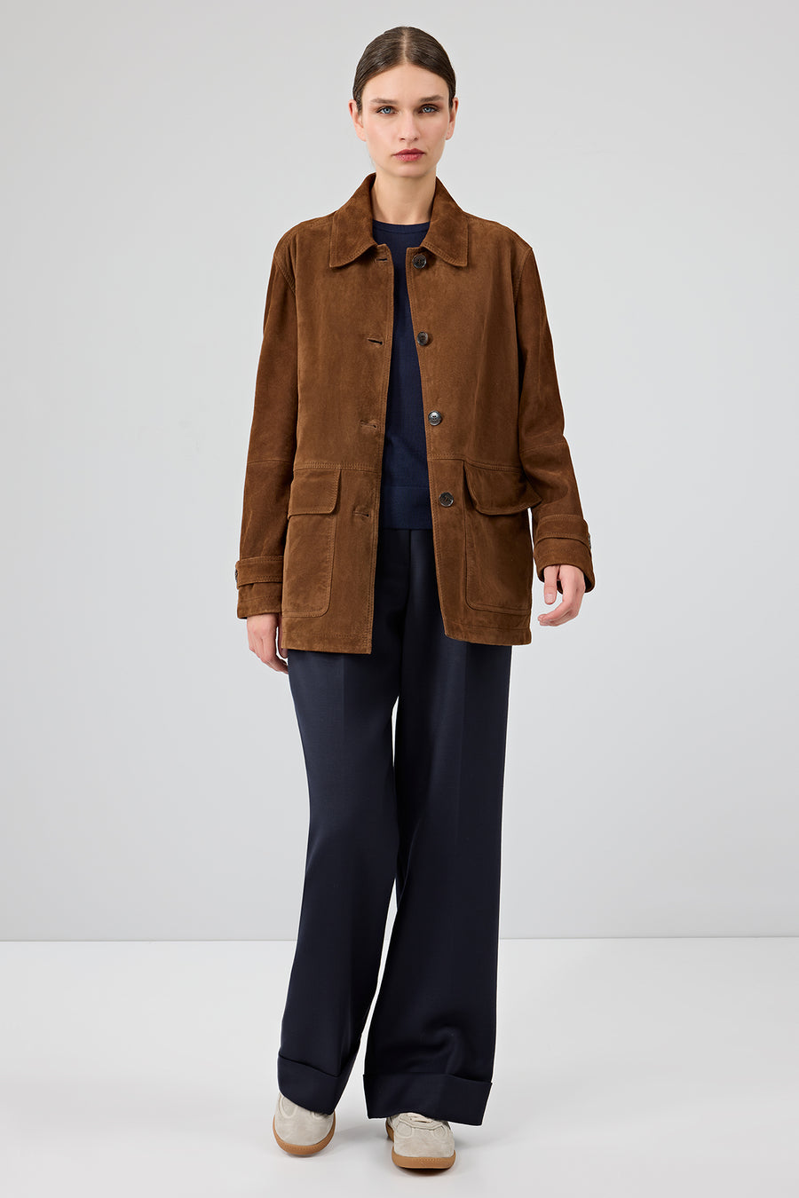 Petra Women's Brown Shirt Collar Oversize Suede Leather Jacket