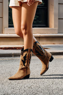 Woman Tan Chunky-Heel Suede Leather Cowboy Boots | Derimod