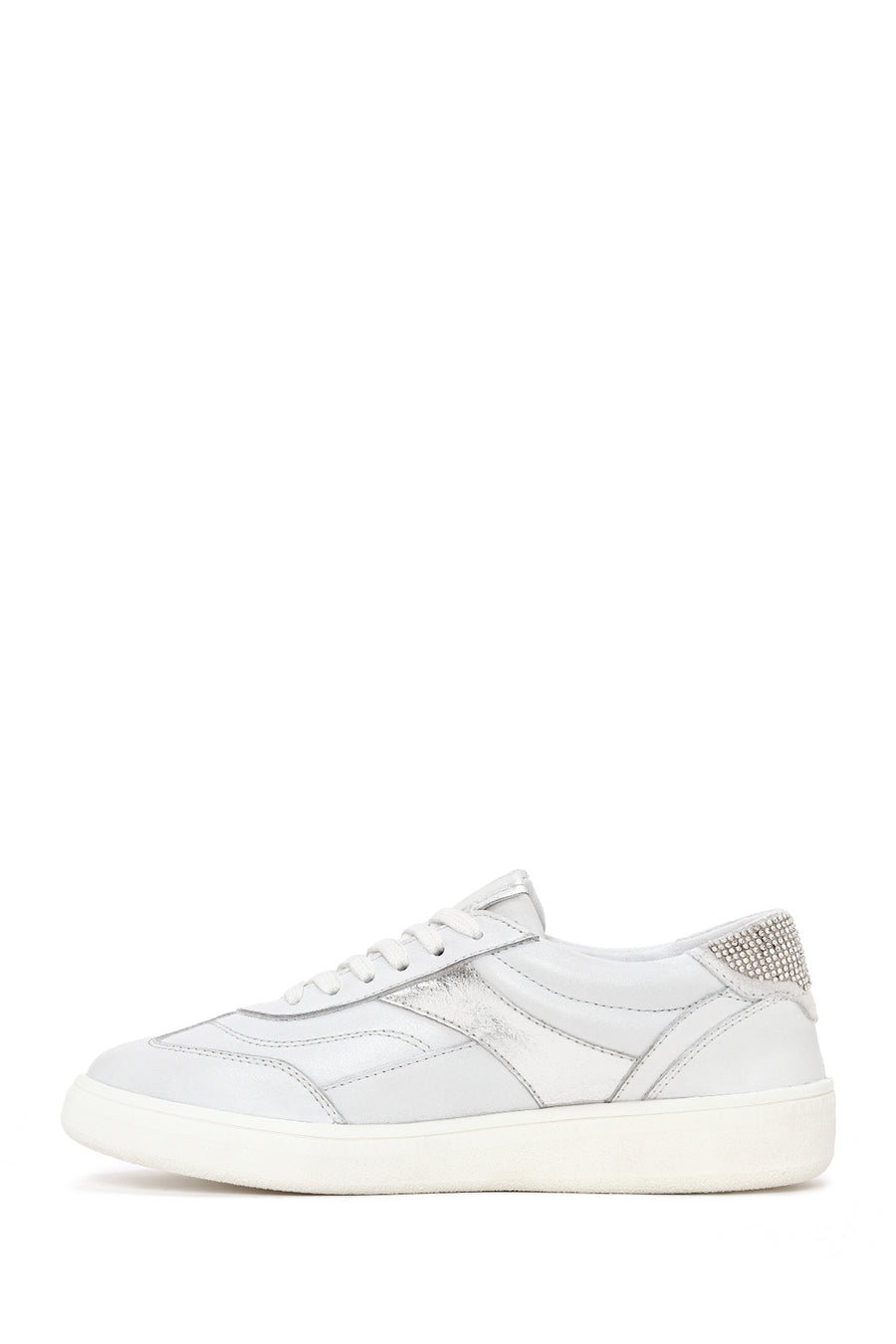 Kadın Beyaz Bağcıklı Kalın Tabanlı Taşlı Deri Sneaker