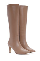 Women's Camel Zippered Thin Heeled Leather Boots | Derimod