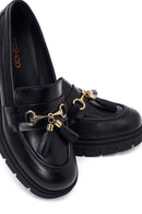 Woman Black Chunky-Heeled Buckled Leather Loafer | Derimod