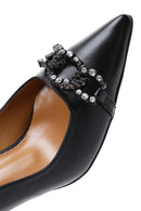 Women's Black Leather Stone Heeled Shoes | Derimod