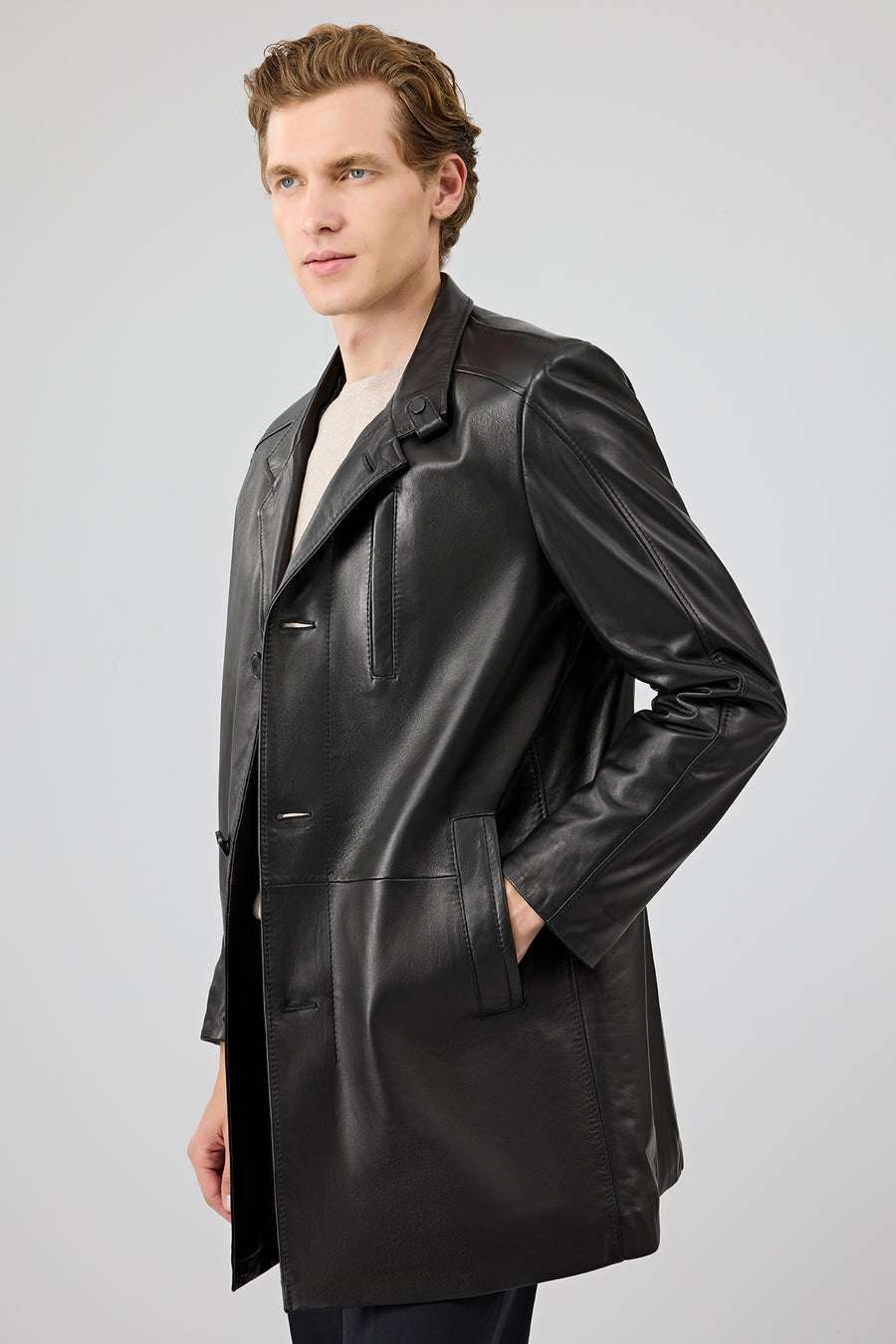 Barella Men's Black Collar Furry Leather Trench Coat