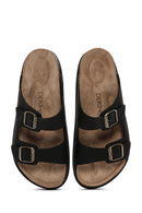 Men's Black Buckled Nubuck Leather Slippers | Derimod