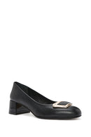 Women's Black Buckle Detailed Low Thick Heel Leather Shoes | Derimod