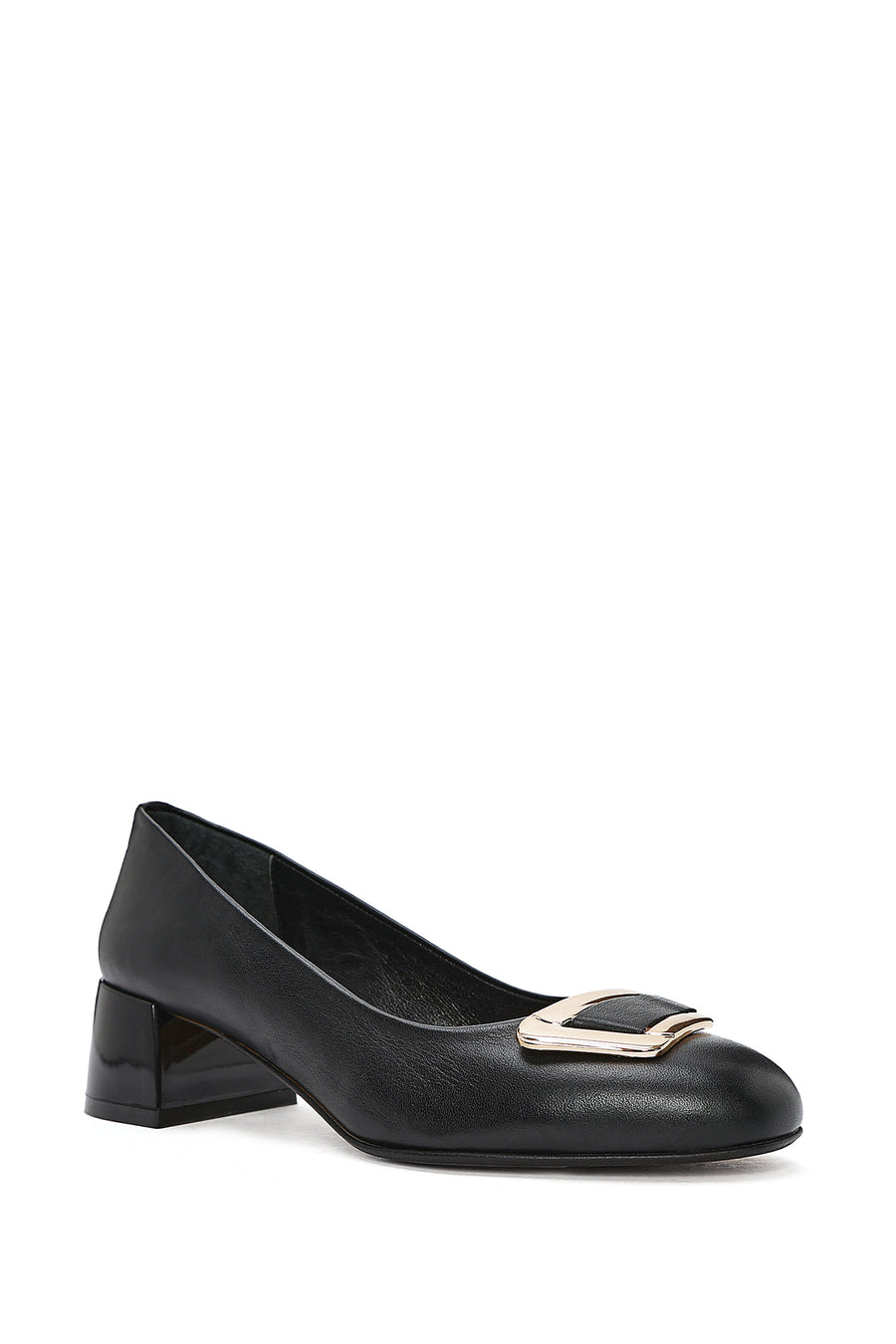Women's Black Buckle Detailed Low Thick Heel Leather Shoes