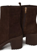 Woman Brown Zip Closure Chunky-Heeled Suede Leather Boots | Derimod