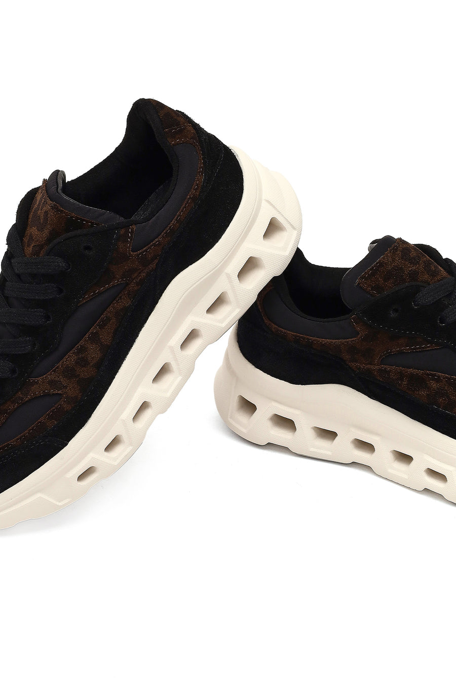 Women's Black Lace-Up Thick-Soled Leather Sneaker