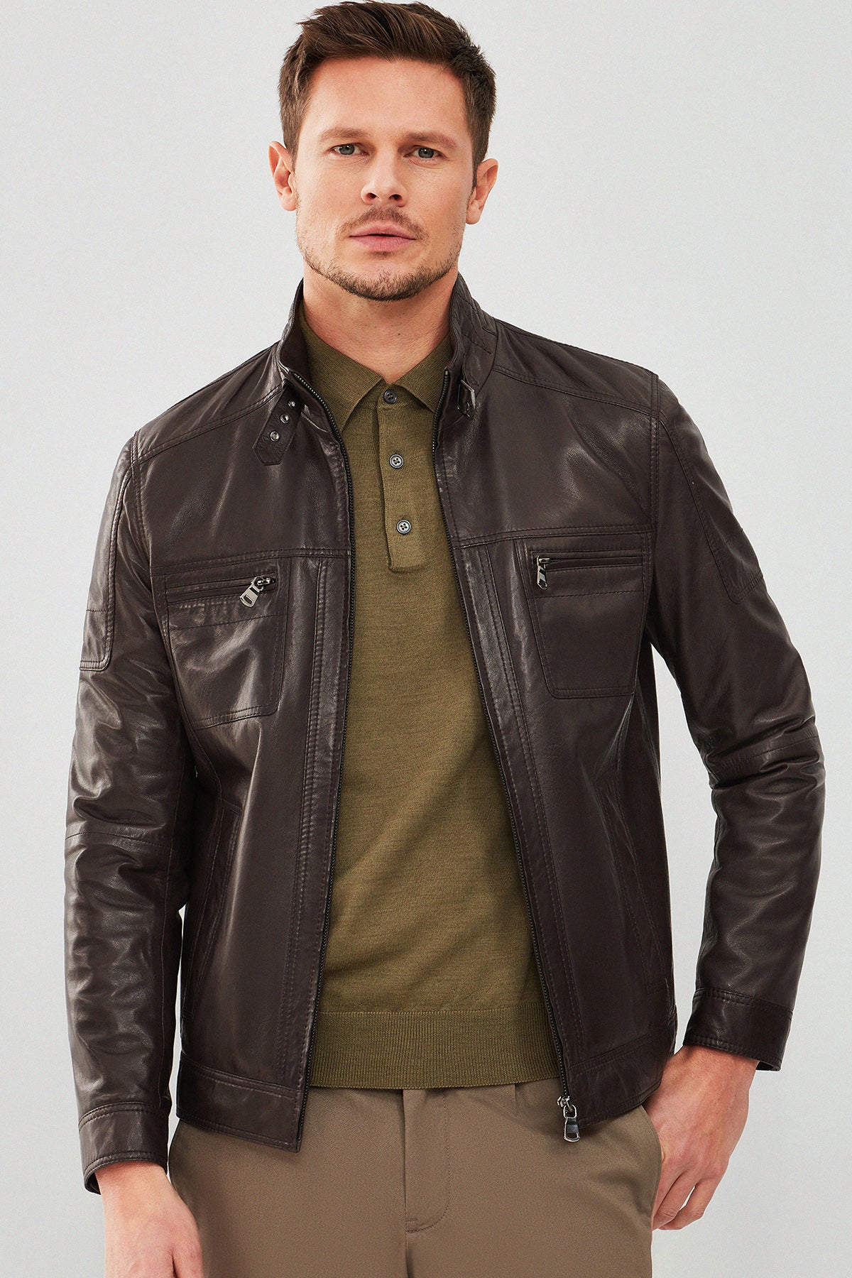 Wade Men's Brown Slim-Fit Leather Coat 23WGDD6462VE | Derimod