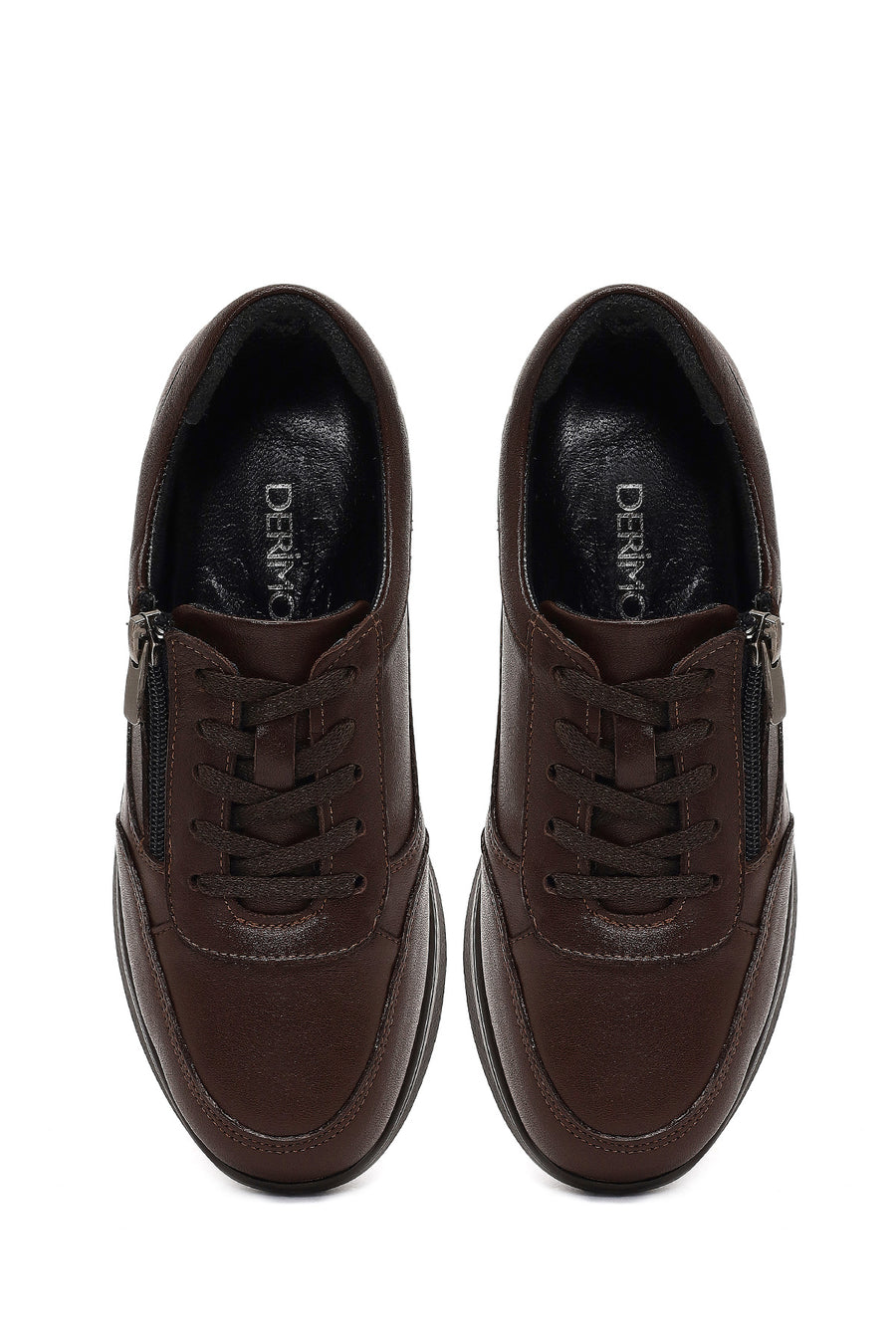 Woman Brown Lace-Up Thick-Soled Leather Sneaker