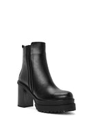 Women's Black Zippered High Thick Leather Heeled Boots | Derimod