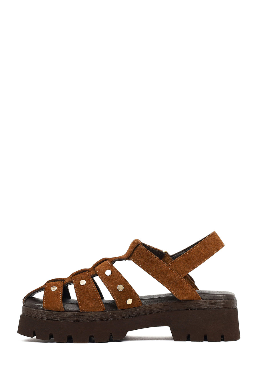 Woman Tan Strappy Thick-Soled Suede Leather Sandals