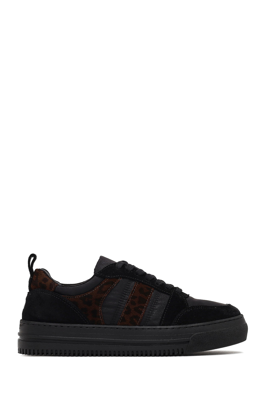 Kadın Siyah Bağcıklı Desenli Deri Sneaker