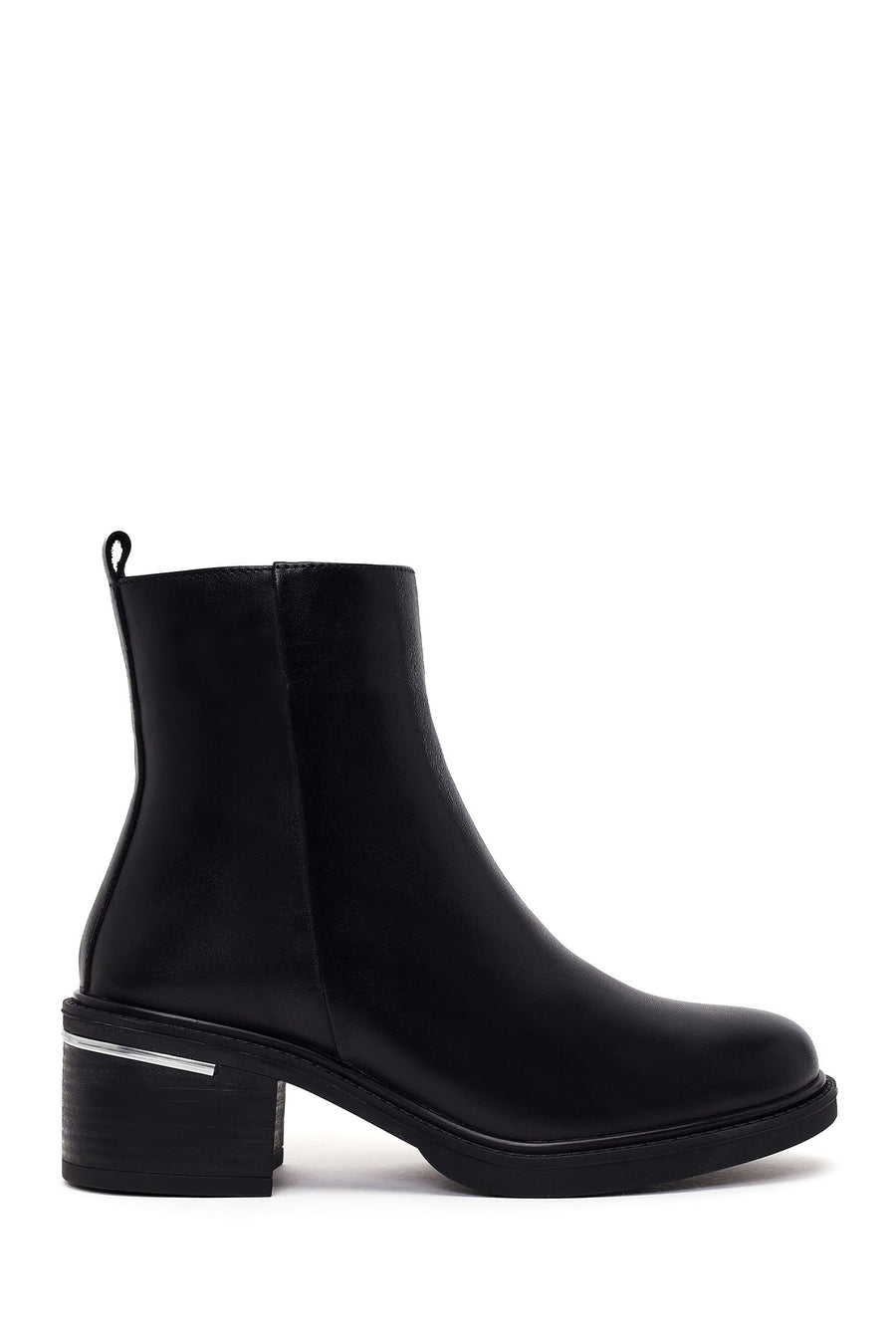 Woman Black Zip Closure Thick-Heeled Leather Boots WF450017DV | Derimod
