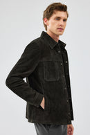 Enzo Men's Anthracite Shirt Collar Suede Leather Jacket | Derimod